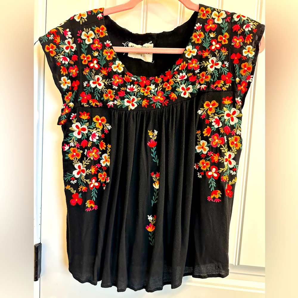 Embroidered Floral Black Top